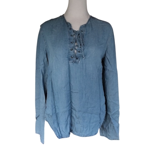 Thread & Supply Lace Up Chambray Long Sleeve Blouse Top Size Small - Picture 1 of 8